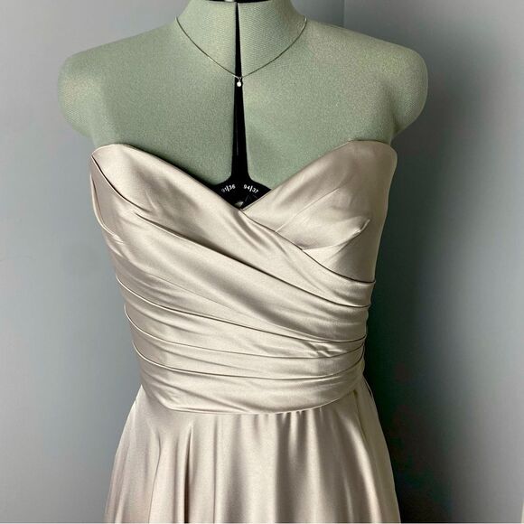 La Femme Strapless Slit Silver Satin Ballgown Long Formal Prom Evening Size 10 - Picture 5 of 13